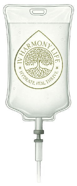 A hydration IV bag with a tree logo and motivational text.