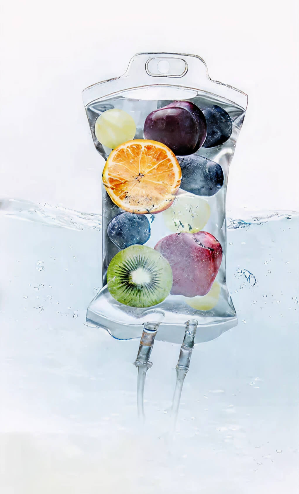 Fruit-filled IV bag floating in water